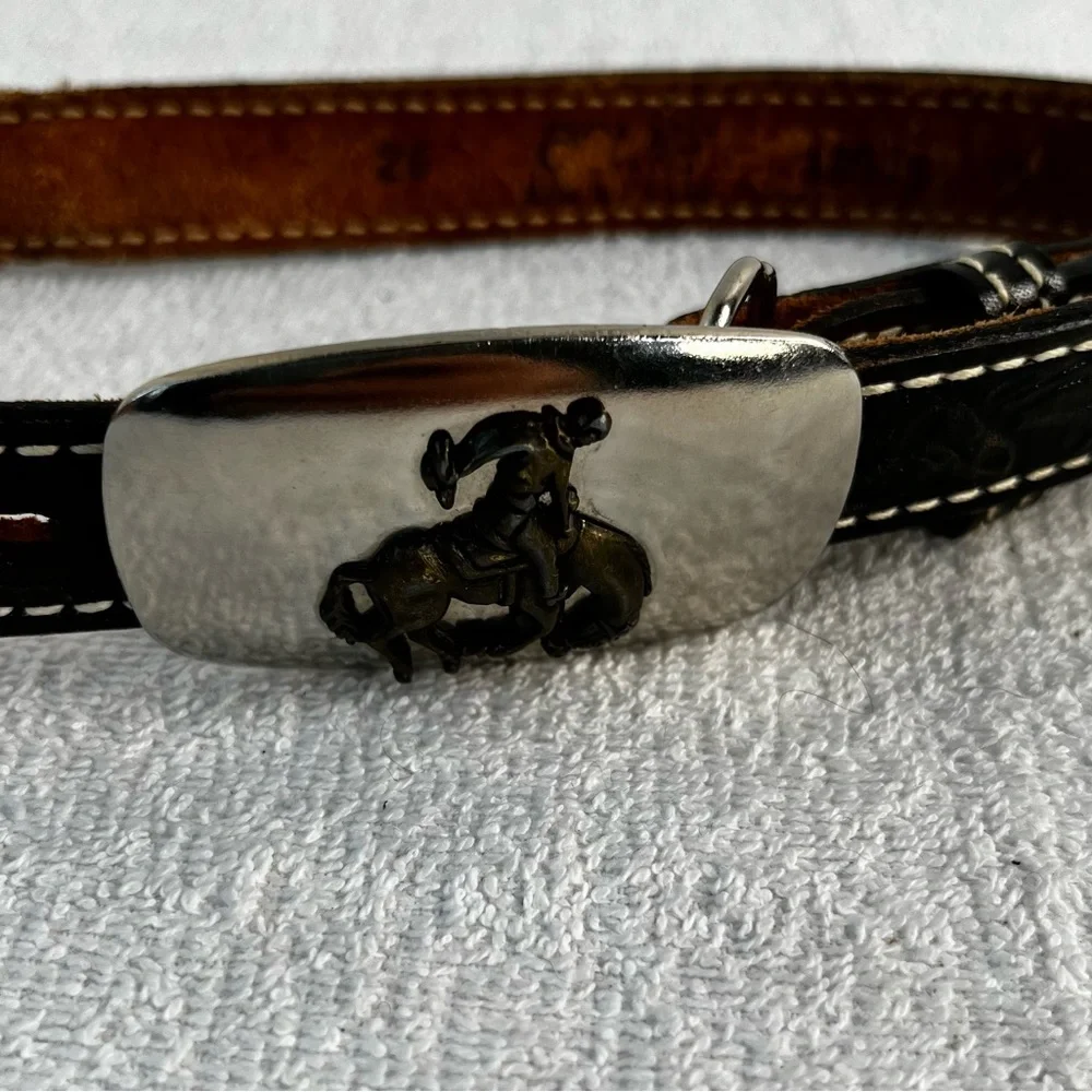 Acme Vintage Brown Leather Belt 26 With Bucking Bronc Cowboy Buckle made in USA